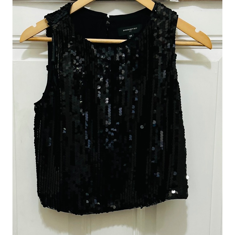 Banana Republic Womens XS Black Sequin Sleeveless Shell Top Sparkle Party Blouse